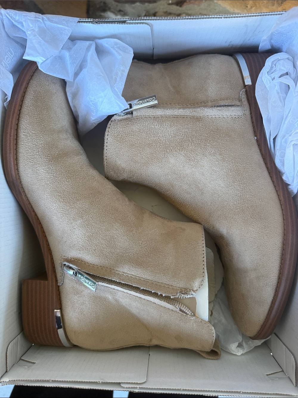 Calvin Klein Tan Suede Side-Zip Ankle Booties